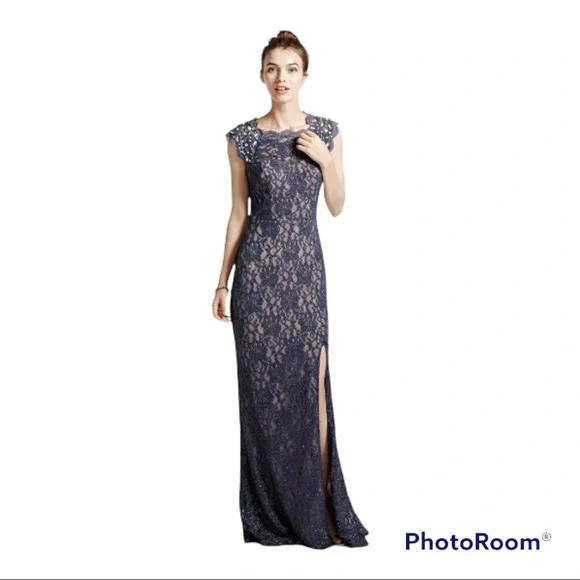 City Triangles Dresses | Long Lace Cap Sleeve Dress With Keyhole Back | City Triangles | Davids Bridal | Color: Blue/Tan | Size: 5j | Cglbrees's